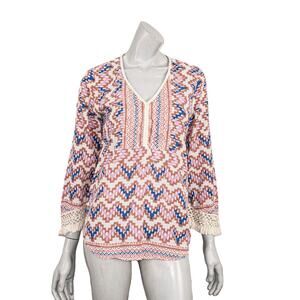 Roberta Roller Rabbit Women's Vneck Blouse Crochet cuffs multi color sz Small